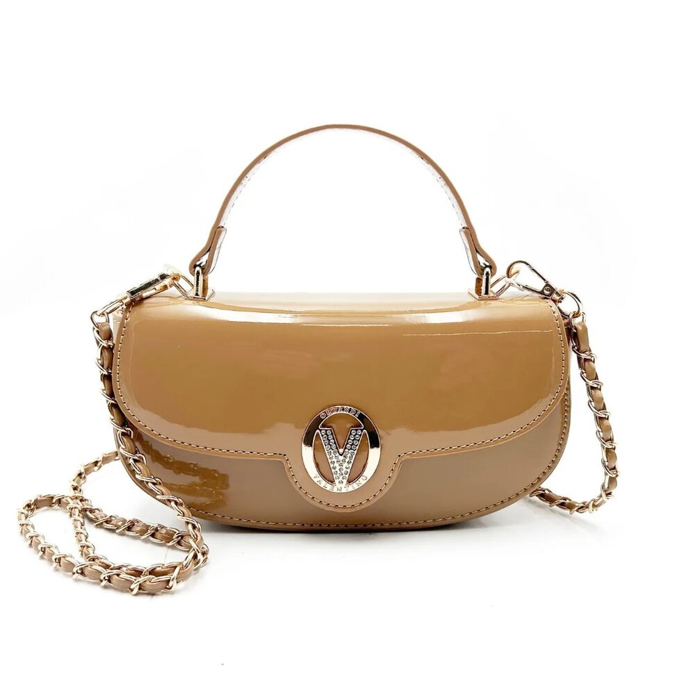 Valentino Orlandi Patent Tan Crossbody Bag with Gold Hardware